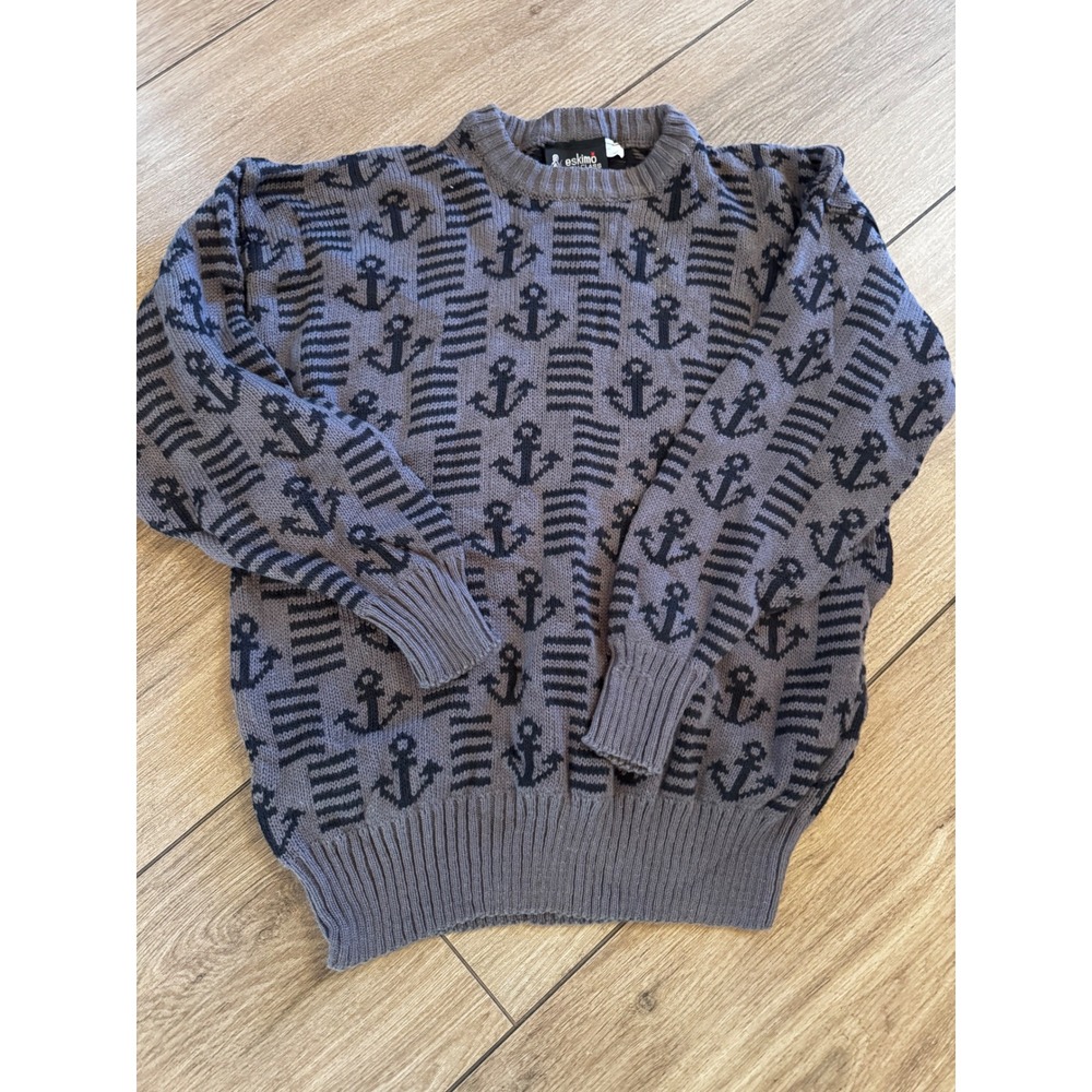 Vintage Eskimo High Class Knitwear Anchor Nautical Sweater Grey Purple Mens L